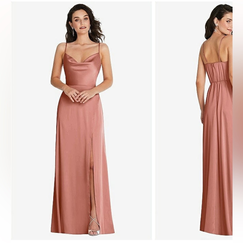 Dessy Collection Cowl Neck Satin Dress- Desert Rose